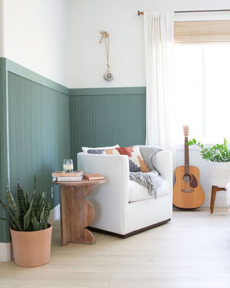 How This DIY Tambour Paneling Project CHANGED The Way Anita's Family Used Their Home (Plus A Step By Step) - Emily Henderson Tambour Wall, California Casual Living Room, Modern Eclectic Home, Casual Living Room, Beachy Bedroom, Murphy Bed Diy, Wood Cladding, Green Paint Colors, Sherwin Williams Paint Colors