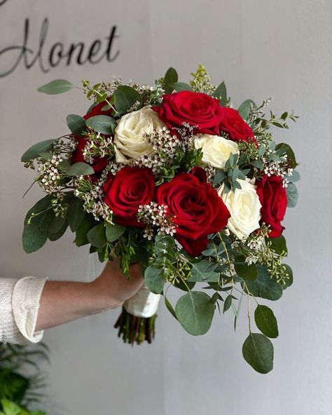 Red And White Christmas Wedding Bouquet, Red And Silver Wedding Bouquet, Bridal Bouquet Red And White Roses, Bouquet Of Flowers Wedding Red, Red Bridal Flowers Bouquet, Bouquet Wedding Red And White, Bridal Bouquet With Red Roses, Red Roses Eucalyptus Bouquet, Red Flower Prom Bouquet