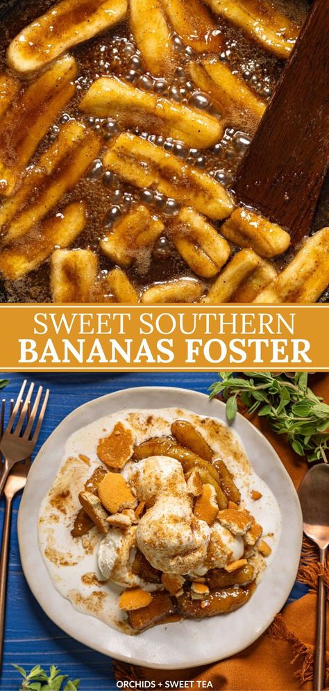 Taste the South with my mouthwatering Southern Bananas Foster! This classic dessert is a true delight, with ripe bananas caramelized to perfection in a rich, buttery sauce infused with hints of cinnamon + rum. Served warm over a scoop of vanilla ice cream, it's the ultimate treat for any occasion. | how to make bananas foster | homemade bananas foster | bananas foster dessert recipes | southern dessert recipes | best bananas foster recipe | bananas foster recipe with rum | banana dessert recipes Yummy Banana Recipes, Thanksgiving Banana Recipes, Easy Bananas Foster Recipe, Banana Foster Recipe Without Rum, Banana Foster Recipe Rum, Bananas Foster Cake Recipe, Easy Banana Foster Recipe, Banana Foster Cupcakes, Bananas Foster Recipe Non Alcoholic