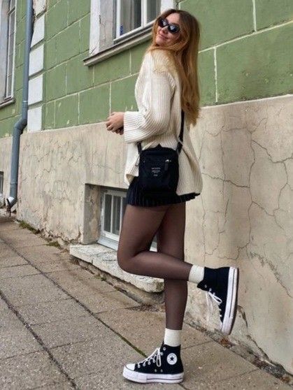 White Socks And Converse, Black Tights And Converse Outfit, Dress With Tights And Sneakers, Tights And Sneakers, Romanticising School, Cute Modest Outfits, Converse Style, Outfits With Converse, Winter Outfit Inspiration