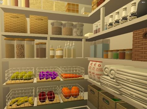 bloxburg pantry design idea, aesthetic design pantry Pantry Organization Ideas Bloxburg, Walk In Pantry Bloxburg Ideas, Bloxburg Pink Kitchen Ideas, Roblox Bloxburg Pantry Room Ideas, Roblox Pantry Ideas, Bb House Ideas, Bloxburg Custom Cabinets, 2x2 Pantry Bloxburg, Pantry Room Bloxburg