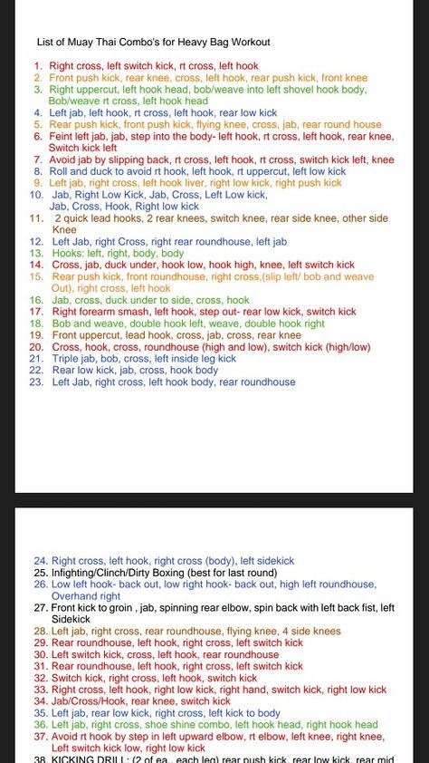 http://kickboxingathome.com/wp-content/uploads/2012/09/Master_Combo_List.pdf Kickboxing Workout Routine, Cardio Kickboxing Routine, Kickboxing Routine, Muay Thai Workouts, Boxing Routine, Cardio Kickboxing Workout, Home Boxing Workout, Heavy Bag Workout, Muay Thai Martial Arts