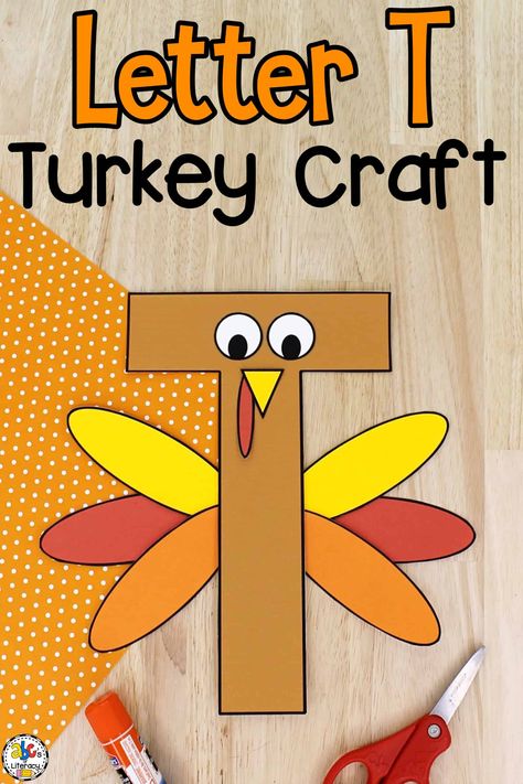 This Letter T Turkey Craft is a creative Thanksgiving letter recognition activity for preschoolers when learning about the capital letter T. Letter T Turkey Craft, Fall Letter Crafts For Preschool, Letter T Craft Preschool, Turkey Letters Preschool, T Is For Turkey Craft, Turkey Alphabet Letters, Turkey Letter Activities Preschool, Thanksgiving Letter Activities, Thanksgiving Alphabet Activities