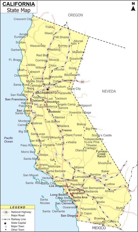 Map of California - CA Map showing the state capital, state boundary, highways, rail network, rivers, major cities and towns. Geography Facts, Map Of California, Santa Catalina Island, State Capital, County Map, California Map, Santa Catalina, Central California, Usa Map