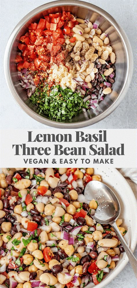 This Lemon Basil Three Bean Salad is refreshing and easy to put together. Perfect to enjoy as is, serve at summer parties or enjoy as a side. No Dairy Vegetarian Recipes, Veggie Side Salad, Vegan Recipes With Basil, Lemon Bean Salad, Easy Summer Healthy Recipes, Refreshing Summer Side Dishes, Meal Prep Clean Eating Vegetarian, Healthy Bean Side Dishes, Vegetarian Bbq Side Dishes