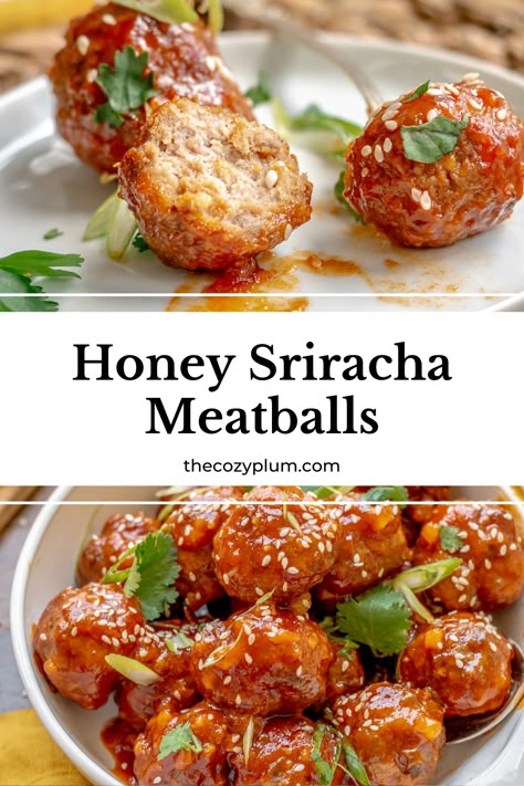 Honey sriracha meatballs on a white plate, topped with cilantro and sesame seeds Soy Glazed Meatballs, Honey Sriracha Meatballs Crockpot, Honey Sriracha Glazed Meatballs, Honey Siracha Meatball, Honey Sriracha Meatballs, Spicy Meatballs Recipe, Sriracha Meatballs, Garlic Meatballs, Honey Sriracha Sauce