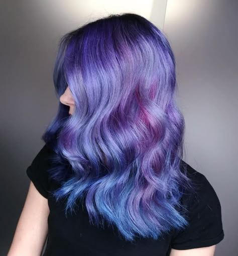 Space Hairstyles, Dark Winter Hair Color, Dark Winter Hair, Periwinkle Hair, Purple Hair Highlights, Brown Rainbow, Summer Hair Color Ideas, Lavender Hair, Side Swept