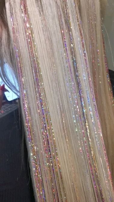 Instagram Holographic Hair Tinsel, Silver Hair Tinsel Blonde, Pink Fairy Hair, Glitter In Hair, Pink Hair Tinsel, Light Pink Hair, Hair Tinsel, Pink Glam, Fairy Hair