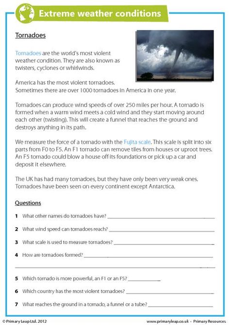 PrimaryLeap.co.uk - Extreme Weather Conditions - Tornadoes Worksheet Weather For Kids, Weather Lessons, Weather Worksheets, Geography Worksheets, Weather Words, Reading Comprehension Lessons, Weather Unit, Some Interesting Facts, Tornado Warning