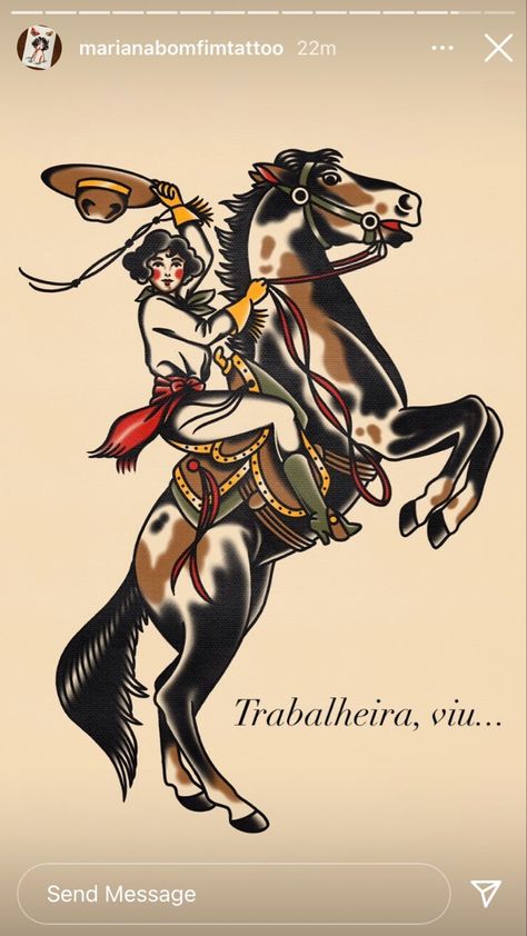 Traditional Bull Rider Tattoo, Traditional Cowgirl Horse Tattoo, Traditional Cowgirl And Horse Tattoo, Grim Reaper On Horse Tattoo Traditional, Traditional Cowboy On Horse Tattoo, Neo Traditional Western Tattoo, Three Horses Tattoo Traditional, Neotraditional Cowgirl Tattoo, American Trad Cowboy Tattoo