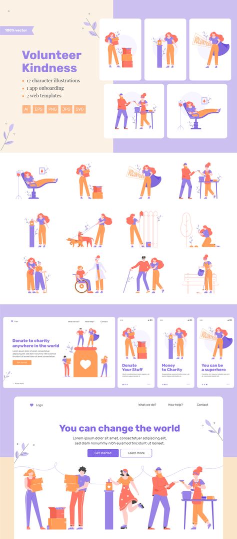 Volunteer&Kindness Illustration — Illustrations on UI8 Volunteer Website, Volunteer Illustration, Kindness Illustration, Volunteer App, Charity Websites, App Onboarding, Wix Templates, Infographic Illustration, Volunteer Work