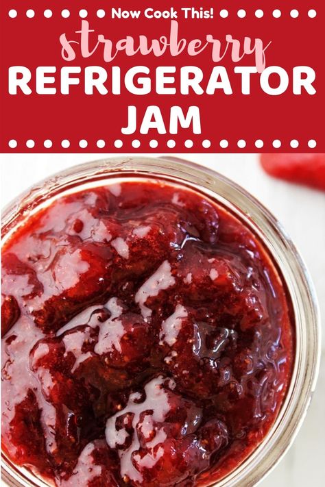 This quick and easy homemade Strawberry Refrigerator Jam is made with just three simple ingredients, has no added pectin, and only takes 30 minutes. This recipe makes a small batch of deliciously sweet jam that you store in the refrigerator or freezer, so no canning required! #strawberryjam #refrigeratorjam #freezerjam #strawberryrecipes | nowcookthis.com Strawberry Jalapeno Freezer Jam, Refrigerator Strawberry Jam Recipe, Strawberry Refrigerator Jam, Quick Jam Recipes, Refrigerator Strawberry Jam, Strawberry Jam With Pectin, Easy Strawberry Jam Recipe, Refrigerator Jam, Easy Strawberry Jam