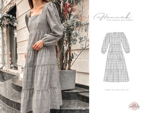 Puff Sleeves Maxi Dress Pattern Sewing Digital Pattern for | Etsy Long Sleeve Dress Sewing Pattern, Cottagecore Dress Pattern, Puff Sleeve Dress Pattern, Tiered Dress Pattern, Long Sleeve Dress Pattern, Dress Pattern Sewing, Boho Dress Pattern, Maxi Dress Pattern Sewing, Linen Dress Pattern