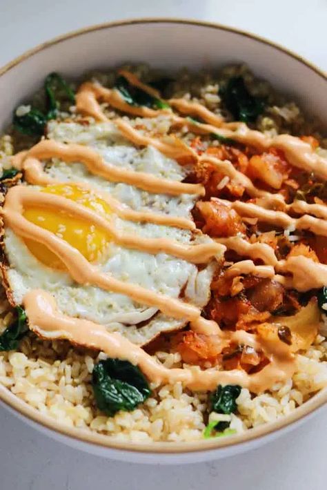 Eggs And Rice Recipes, Egg And Rice Bowl, Fried Egg And Rice, Korean Fried Rice, Gochujang Mayo, Egg And Rice, Egg Rice Recipe, Healthy Grilled Cheese, Rice And Eggs