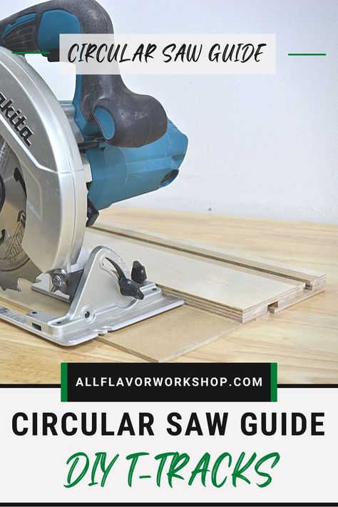 A circular saw guide is one of the most needed woodworking jigs for a circular saw. It helps make straight precise cuts and it is easy to install. Together with DIY T-tracks you can easily clamp it to a workbench and it can be used with DIY t-bolts, other T-track accessories and shop-made T track clamps. A circular saw guide track should be one of the first woodworking jigs to add to your workshop. Learn step-by-step how to build a circular saw guide. #garageworkshop | Make a circular saw guide Circular Saw Guide Rail, Circular Saw Guide, Circular Saw Jig, Circular Saw Track, Cross Cut Sled, Skil Saw, Best Circular Saw, Woodworking Jig, Woodworking Inspiration