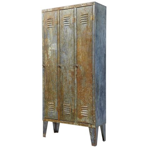 1960s Distressed Industrial Locker Cabinet 3 Door Cabinet, Industrial Lockers, Distressed Cabinets, Metal Cabinets, Industrial Materials, Industrial Cabinet, Credenza Vintage, Single Shelf, Architectural Pieces