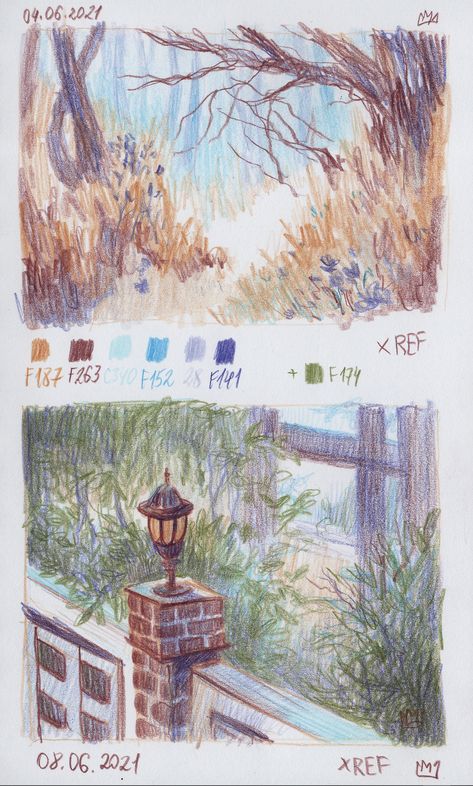 Landscape Drawing Colorpencil, Landscape Sketch Color Pencil, Colored Pencil Landscape Sketch, Colored Pencil Sketchbook Ideas, Color Pencil Practice, Colored Pencil Art Landscape, Landscape Art Colored Pencil, Pencil Art Colour, Colored Pencil Watercolor