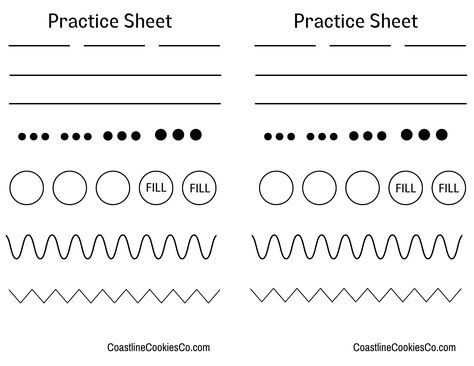 This piping practice sheet is a super great way to get some practice in with your royal icing before you start decorating your cookies. This is the exact piping sheet I use for my cookie decorating classes in Orange County, California! You can print this piping practice sheet or even laminate it for multiple uses. Royal Icing For Piping, Icing Practice Sheets, Icing For Piping, Piping Practice, Piping Templates, Cake Piping Techniques, Royal Icing Piping, Royal Icing Templates, Cookie Decorating Icing