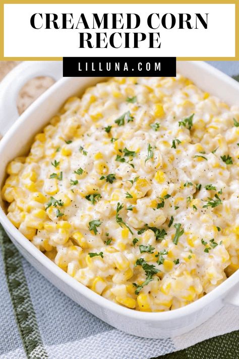 Better than the canned version, this smooth and buttery creamed corn recipe is easy, cheesy, and delicious! #creamedcorn #corn #sidedish #holiday #corndish Creamy Corn Recipe Side Dishes, Cream Cheese Cream Corn, Ruth Chris Corn Recipe, Quick Creamed Corn, Creamed Corn Recipe Cream Cheese, Pioneer Woman Creamed Corn, Cream Corn Recipe From Rudy’s, Diy Cream Corn, Sweet Creamed Corn Recipe