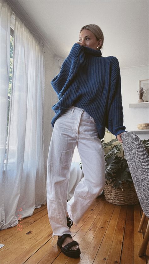 Woman wearing oversized blue sweater and white denim Coastal Mum Fashion, Coastal Grandma Outfits 2023, Coastal Aesthetic Fashion, Costal Grandma Dress, Fall Coastal Granddaughter, Coastal Mom Aesthetic Outfits, Coastal Cozy Outfit, Coastal Chic Aesthetic Outfit, Coastal Walk Outfit