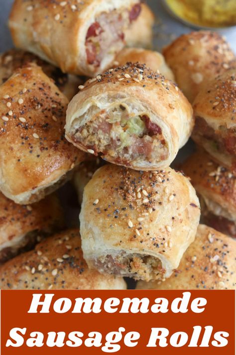 Homemade Sausage Rolls are a delicious and easy appetizer. Use seasoned, fresh-ground pork and salty bacon for the filling, and top the rolls with Everything Seasoning for the perfect finishing touch #appetizer #easyrecipe #holidayentertaining #sausage #bacon #sausagerolls #puffpastry #puffpastryrolls Sourdough Bakery, Caramelised Onion Chutney, Everything Seasoning, Homemade Sausage Rolls, Onion Chutney, Fennel Sausage, Caramelised Onion, Ground Sausage, Homemade Sausage