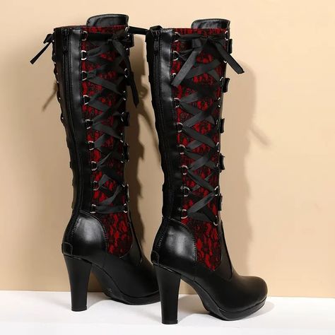 Women Lace Goth Knee High Combat Boots Heel - Temu Diane Lockhart, Vampire Stuff, Womens Belt Buckles, Steampunk Boots, Steampunk Inspiration, Knee High Boots Winter, Gothic Boots, Steampunk Cosplay, Flower Shoes