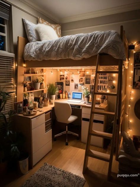 Dorm Room Ideas - Creative and Space-Saving Solutions - Puqqu Desk Under Bed Aesthetic, Dorm Room Ideas High Bed, Dorm Room Decor Lofted Bed, College Dorm Room Ideas Lofted Beds Aesthetic, Two Bed Dorm Room Ideas, Dorm Room Designs Lofted Beds, Lofted Bed Dorm Room Ideas Aesthetic, Lifted Bed Dorm Room Ideas, Loft Dorm Bed