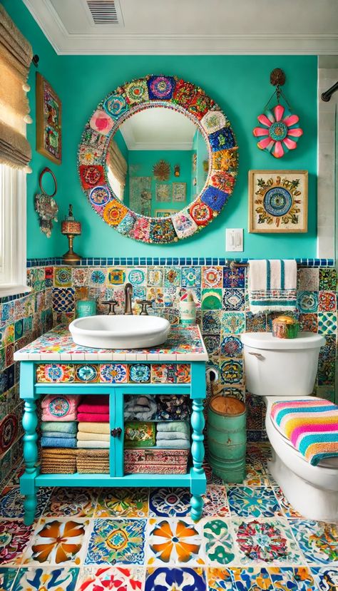 Transform Your Space: 21 Stunning Guest Bathroom Decor Ideas You’ll Love! 🚿✨ Mexican Decor Bathroom, Colorful Bathroom Ideas Bright, Luxurious Guest Bathroom, Guest Bathroom Decor Ideas, Mexican Bathroom Ideas, Creative Bathrooms, Contemporary Guest Bathroom, Funky Bathrooms, Mexican Style Bathroom