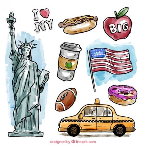 Elementos de nueva york en acuarela vector gratuito Manhattan Trip, New York Drawing, New York Illustration, New York Journal, New York Painting, Liberty New York, New York Graffiti, American Symbols, Nyc Art