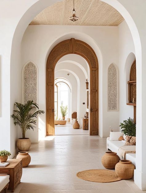 Moroccan Mediterranean Interior, Riad Inspired House, Moroccan House Aesthetic, Spanish Villa Aesthetic, Mediterranean House Aesthetic, Modern Moroccan Architecture, Modern Moroccan House, Roman Interior Design, Mediterranean Homes Interior