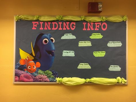 Finding Info (Finding Nemo, Finding Dory) RA bulletin board Disney Bulletin Boards, Picture Frame Chalkboard, School Photo Frames, Kindergarten Bulletin Boards, Finding Nemo Birthday, Thanksgiving Bulletin Boards, Parent Board, Birthday Board Classroom, Art Bulletin Boards