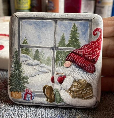 Christmas Pebble Art, Diy Christmas Paintings, Southern Christmas, Christmas Canvas Art, Christmas Rock, Country Paintings, Family Christmas Ornaments, Painting Rocks, Glass Block