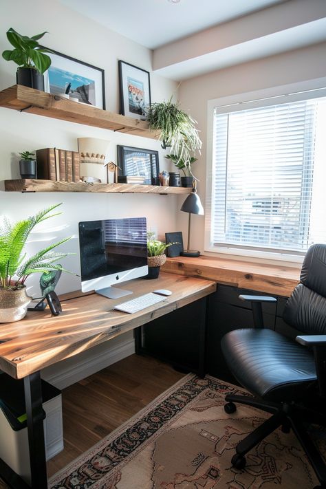 Dark Wood Office Aesthetic, Mens Work From Home Office, Small Office Ideas Two Desks, Small Workroom Ideas, Home Office Design Ideas For Two, Office With White Walls, Desk Workspace Ideas, Back To Back Desks Home Office, Office Decor White Walls