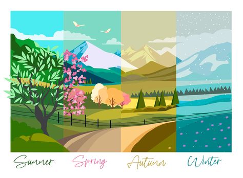 Four Season Illustration, Season Illustration Design, 4 Season Illustration, Seasons Changing Art, 4 Seasons Drawing, Seasons Illustration, Four Seasons Art, Summer Mountains, Cuadros Diy