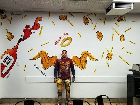 Restaurant Photo Op Wall, Wings Restaurant Design, Restaurant Wall Painting Ideas, Chicken Restaurant Design, Restaurant Wall Mural, Restaurant Murals, Food Mural, Interactive Murals, Wings Restaurant