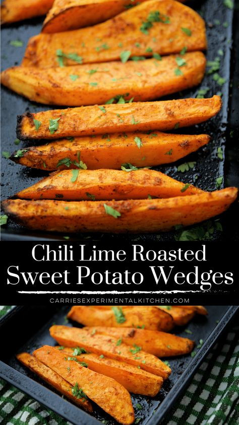 Fresh sweet potatoes cut into wedges, tossed in a chili lime oil; then roasted until crispy on the outside and tender on the inside.  #sweetpotatoes #sidedish #glutenfree #dairyfree Lime Sweet Potato, Roasted Sweet Potato Wedges, Potato Side Dishes Easy, Mexican Sweet Potatoes, Gluten Free Recipes Side Dishes, Bbq Roast, Lime Butter, Gluten Free Sides, Gluten Free Sides Dishes