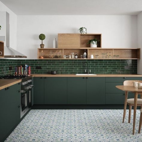 Emerald Green Tile, Green Tile Kitchen, Green Floor Tiles, Emerald Green Kitchen, Brick Style Tiles, Green Kitchen Walls, Green Floor, Ocean Green, Green Flooring