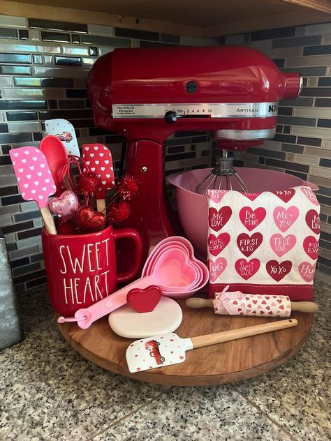 Valentines Decor Kitchen, Kitchenaid Decor Ideas, Valentine Entryway Decor, Kitchen Valentines Day Decor, Valentine Coffee Bar Ideas, Valentines Entryway Decor, Stand Mixer Decor, Kitchenaid Mixer On Counter, Kitchenaid Mixer Decor Ideas