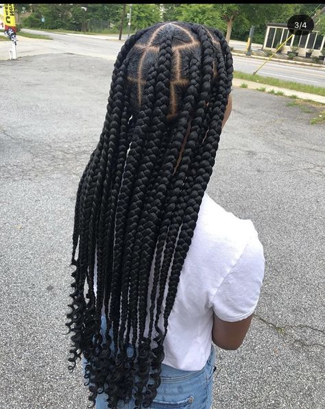 Jumbo Braids With Curls At The End, Big Block Braids Hairstyles, Big Box Braids Jumbo With Curly Ends, Medium Jumbo Box Braids With Curly Ends, Big Notlessbox Braids Styles Long, Large Island Twist With Curls, Kids Large Knotless Braids, Big Box Braids Jumbo, Knotless Braids Curly Ends