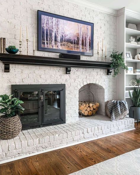 Fireplace Surround Ideas, Brick Fireplace Wall, Stone Fireplace Wall, White Brick Fireplace, Brick Fireplace Makeover, Old Fireplace, White Fireplace, Freestanding Fireplace, Firewood Storage