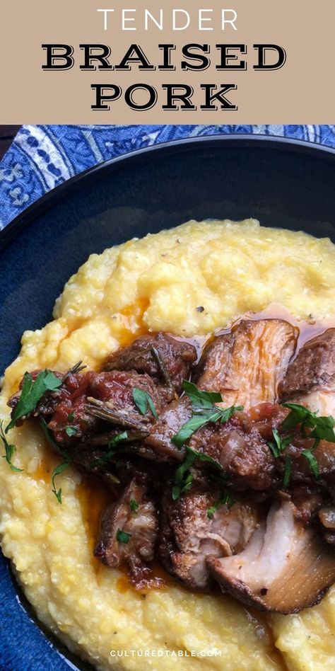 bowl of yellow polenta topped with braised pork Braising Pork Chops, Braised Pork Roast Dutch Oven, Italian Braised Pork, Dinner With Polenta, Pork And Polenta Recipes, Braised Pork Loin Dutch Ovens, Italian Pork Ribs Recipe, Braised Pork Loin Recipes Oven, French Pork Recipes