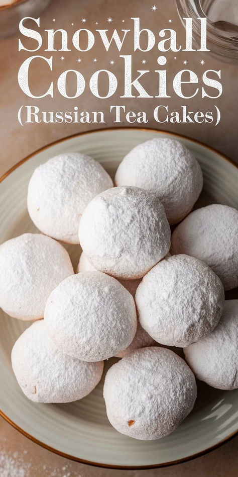 Embrace the holiday spirit with these classic Snowball Cookies! Buttery, melt-in-your-mouth cookies dusted in powdered sugar, these treats (also known as Russian Tea Cakes) are a delightful addition to any holiday spread! Russian Tea Ball Cookies, Wedding Tea Cake Cookies, Russian Snowball Cookies, Swedish Snowball Cookies, Christmas Cookies With Powdered Sugar, Swedish Tea Cakes, Swedish Tea Cookies, Russian Tea Cake Cookies Recipe, Ginger Snowball Cookies