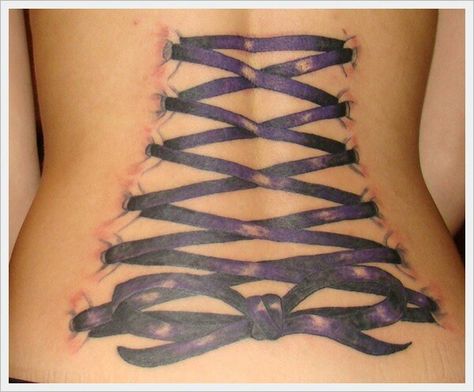 Ribbons Lace Bow Tattoos, Corset Tattoo, Back Tattoos Spine, Lower Back Tattoo Designs, Cool Tattoos For Girls, Ribbon Corset, Tattoo Son, Full Tattoo, Girl Back Tattoos