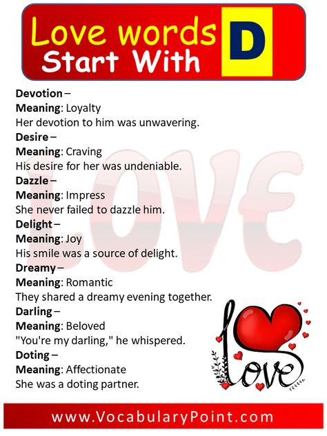 Romantic words starting with ‘D’: Desire, Devotion, Delight, Darling, Dreamy, Dazzle, Dearest, Delicate, Destiny, Deeply. All the Top Love words with meaning and sentences are listed below it will be very helpful for your new beginning of English spoken Here are Top 10 Romantic words that start with D: Dearest Destiny Dazzle Devotion Delight Darling ... <a title="Romantic Words That Start With D (Love Words With D)" class="read-more" href="https://vocabularypoint.com/romantic-w... Hope Meaning, Kiss Meaning, Happiness Meaning, The Power Of Words, Power Of Words, Romantic Words, Love And Affection, Meant To Be Together, Perfect Word