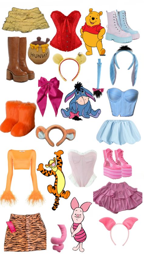 Corsets, skirts, boots, ears, tails. Tigger Make Up Halloween, Eeyore Costume Women, Winnie The Pooh Makeup Halloween, Winnie The Pooh And Piglet Costume, Winnie The Pooh Group Costumes, Winnie Pooh Costume, Pooh Costume Diy, Eeyore Halloween Costume, Movie Inspired Halloween Costumes