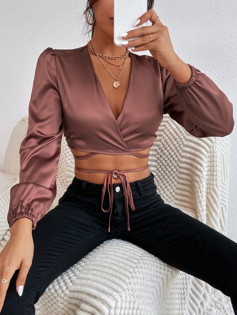 SHEIN PETITE Lantern Sleeve Wrap Knot Front Crop Satin Blouse Satin Tops Blouses, Wrap Top Outfit, Satin Top Outfit, Crop Top Satin, Satin Outfit, Satin Noir, Chique Outfits, Crop Top Outfits, Plain Tops