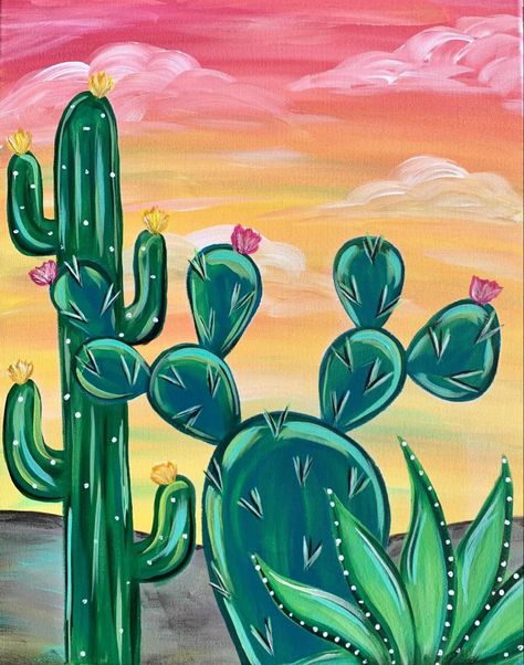 Cactus With Flowers Painting, Hand Painted Cactus, Sip And Paint Ideas Mexican, Paint Cactus Easy, Pictures To Paint Ideas, Easy Mexican Paintings, Painting A Cactus, Cactus Acrylic Painting Easy, Canvas Painting Class Ideas