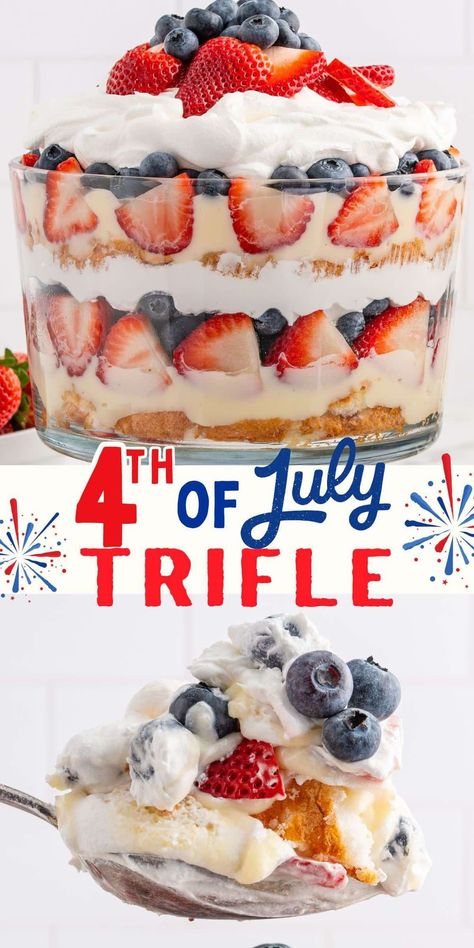 4th of July Trifle Fourth Of July Trifle, Vanilla Trifle, 4th Of July Trifle, Angel Food Trifle, Angel Food Cake Trifle, Cake Whipped Cream, 4th July Food, Trifle Dessert Recipes, Cheesecake Trifle