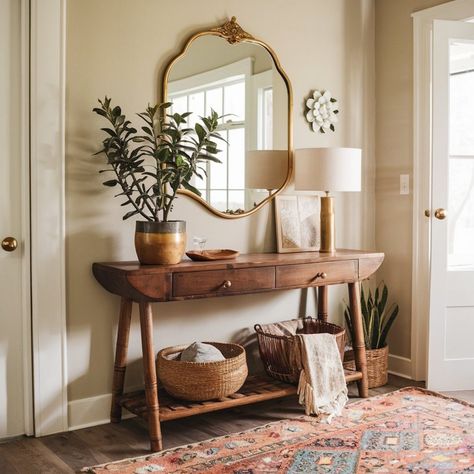 13 Best Entry Table Decor Ideas On a Budget Using A Desk As An Entry Table, Entryway Table Boho, Entry Way Table Decor Simple, Front Door Table Entryway, Entryway Ideas With Mirror, Boho House Aesthetic, Hallway Table Decor Entryway, Entry Way Table Ideas, Style Entryway Table