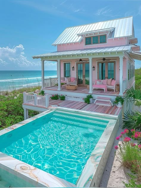 Nice Beach House, Preppy House Outside, Pink Pool Aesthetic, Pretty Beach House, Beach House Backyard, Houses By The Beach, Preppy House, Small Beach Houses, Cahuita